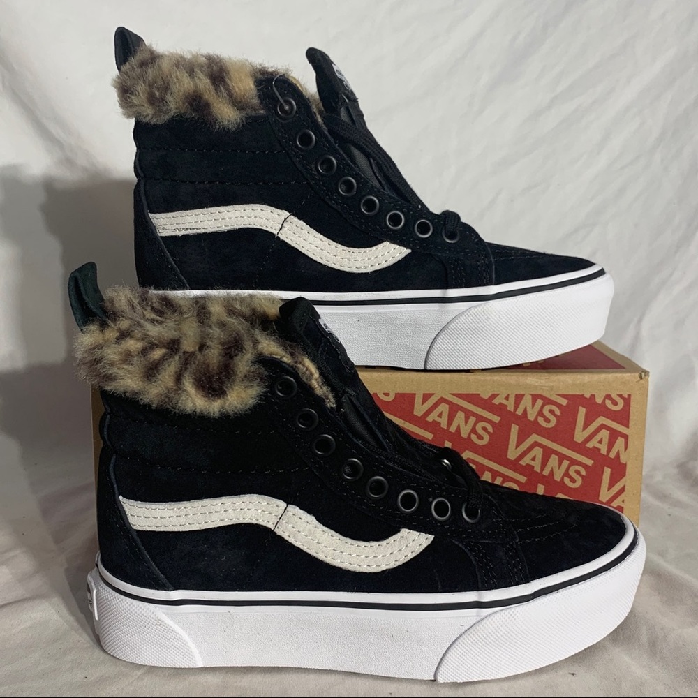 Vans black cheetah print fur lined weather proof shoe
